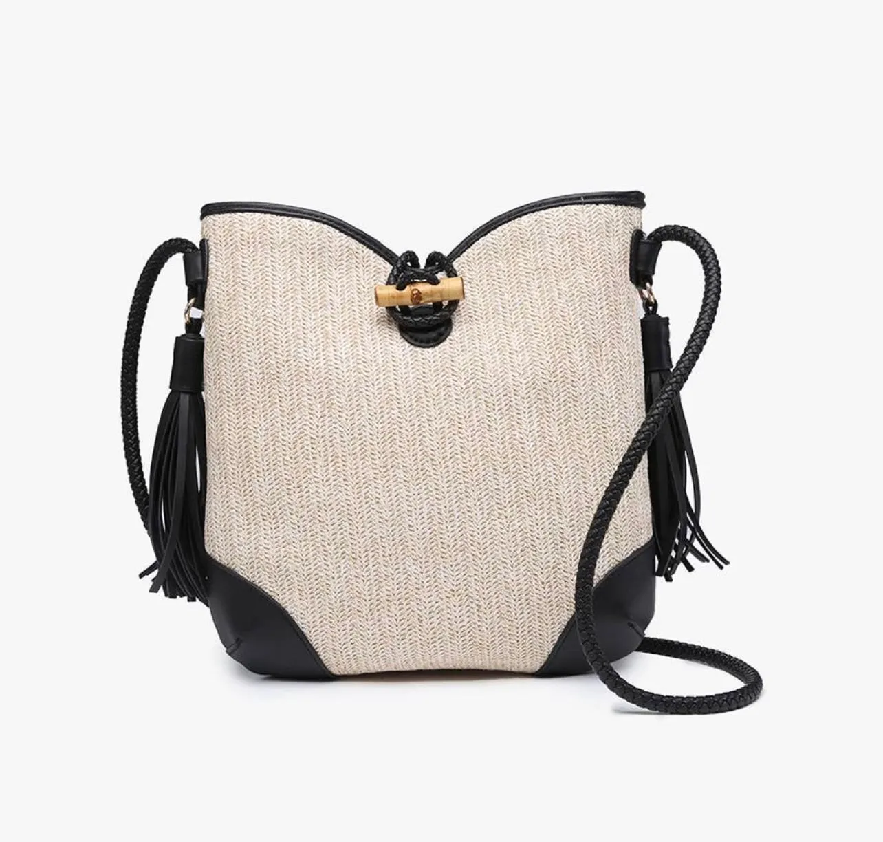 Accessories:Black Duel Side Tassels Straw Purse